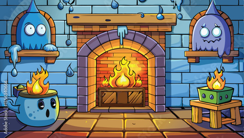 Cozy home interior with a burning wood fire in a traditional brick fireplace, radiating warmth throughout the room