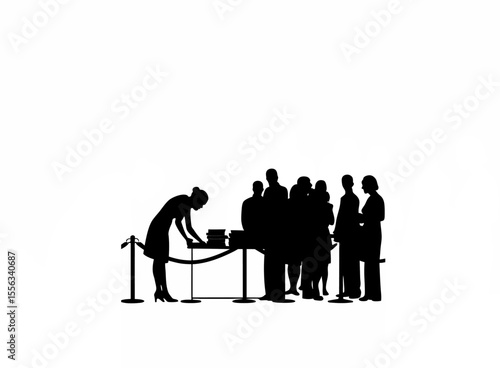 Silhouette of an author signing books at a literary event on white background