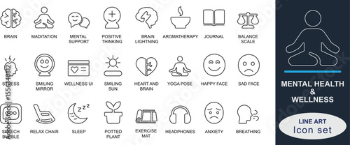 A out line mental health and wellness  icons representing mindfulness, self-love, stress relief, therapy, breathing, meditation, balance and focus. Ideal for wellness apps, UI, and infographics.

