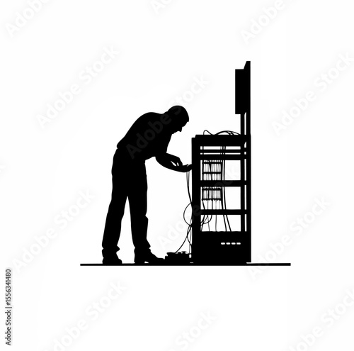 Silhouette of an IT professional fixing a network issue in an office on white background