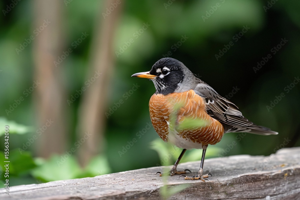 Fototapeta premium A close-up of an American Robin perched on a wooden rail in a lush green setting.