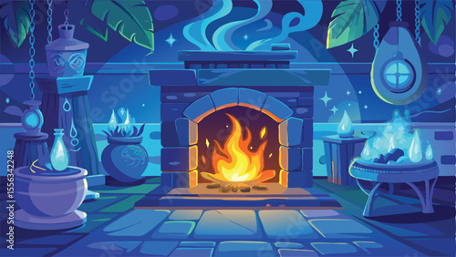 Cozy interior with a burning wood fireplace, emanating warmth and a comforting glow, perfect for a winter home