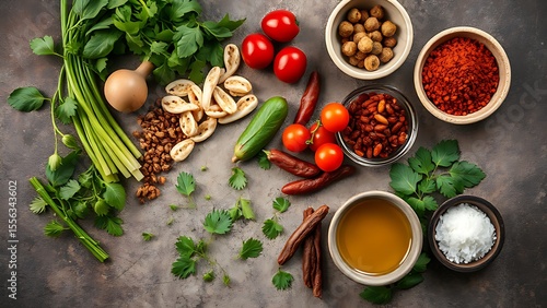 Wallpaper Mural Asian ingredients arranged on a stone surface, showcasing fresh herbs and spices with vibrant colors. Torontodigital.ca