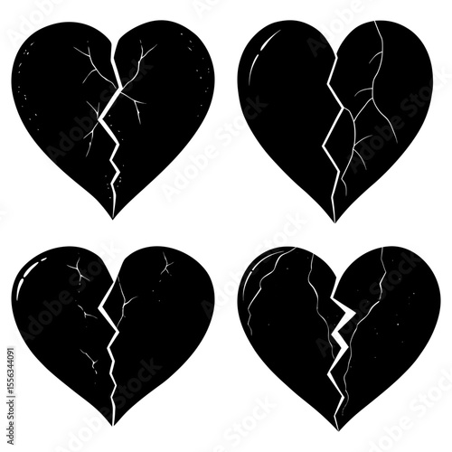 Four black broken hearts with cracks symbolizing emotional pain and heartbreak on a white background art
