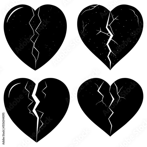 Four black and white broken hearts with visible cracks and fissures symbolizing emotional distress and heartbreak