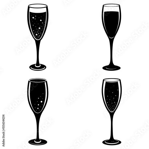 Illustration of four champagne flutes with varying levels of liquid and bubble detail in black and white