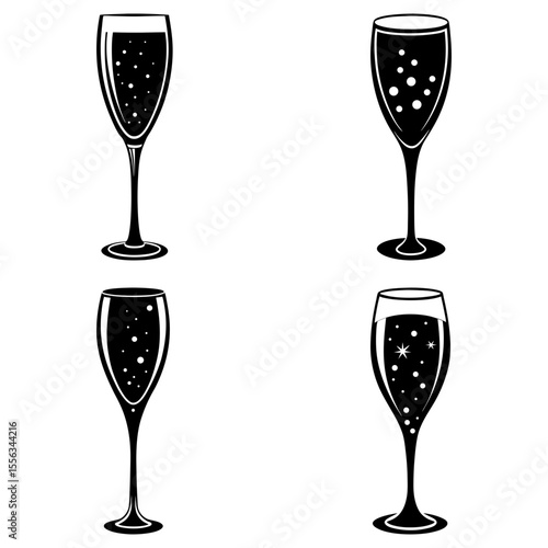 Illustration of four champagne flutes filled with bubbly liquid in a black and white vector format