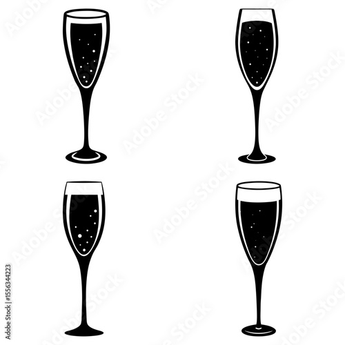 Four champagne flutes filled with sparkling liquid arranged in a square formation on a white backdrop