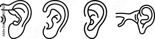 Different Views of the Human Ear, Anatomy Illustration, Outline Style