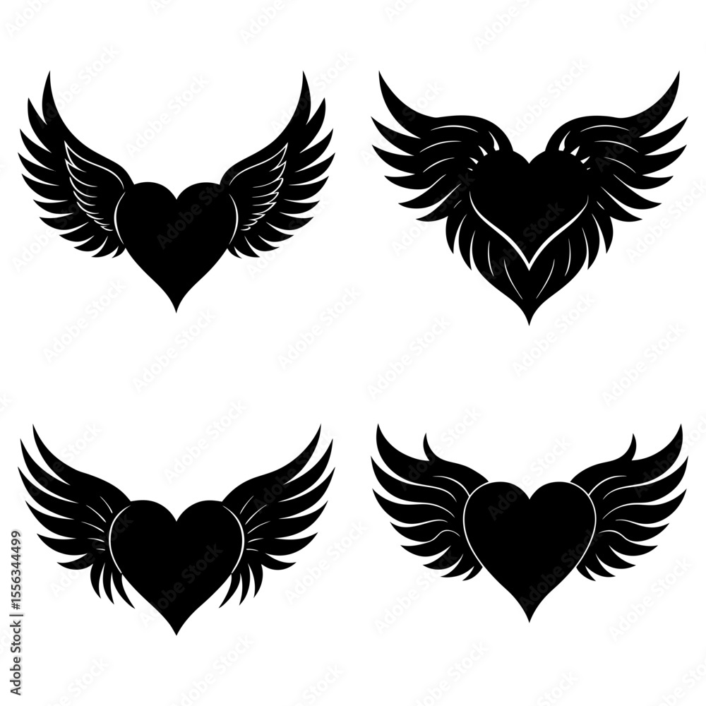 Fototapeta premium Four black heart shapes with wings in different styles isolated on a white background in a vector image