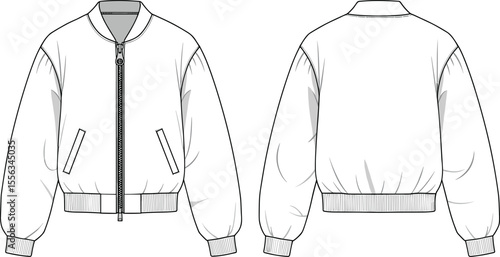 Bomber jacket with ribbed collar front and back, cad drawing flat vector illustration, zipper closure, slanted pockets, classic outerwear sketch