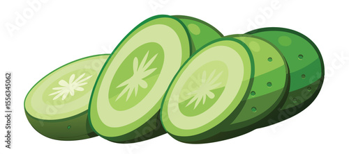 Freshly Sliced Cucumber Pieces Artfully Arranged on White Background. Sliced cucumber row, cross-section, green-skinned, freshness.