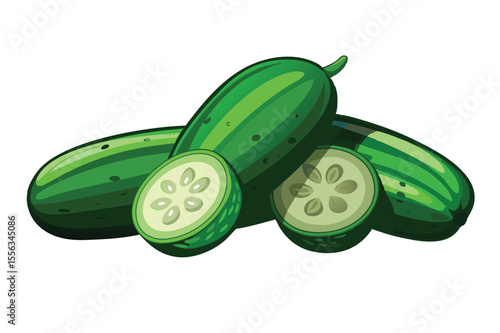Freshly Sliced Cucumber Pieces Artfully Arranged on White Background. Sliced cucumber row, cross-section, green-skinned, freshness.