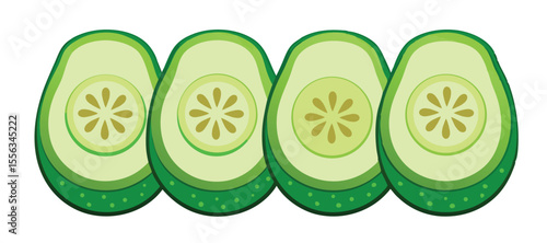 Freshly Sliced Cucumber Pieces Artfully Arranged on White Background. Sliced cucumber row, cross-section, green-skinned, freshness.