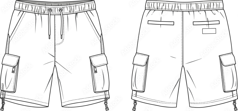 Cargo shorts with flap pockets front and back, cad drawing flat vector illustration, buckle straps, elastic waistband, utility fashion sketch Cargo shorts with flap pockets front and back, cad drawing flat vector illustration, buckle straps, elastic waistband, utility fashion sketch