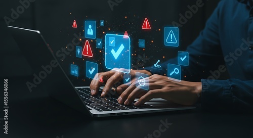 Person working on laptop with digital validation and warning icons