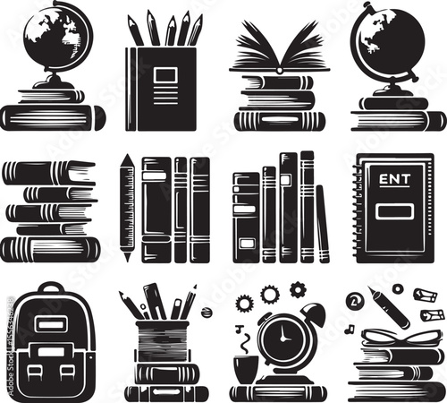 silhouette set stack school books icon vector, black color silhouette