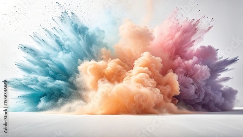 Explosion of colorful powder clouds in blue orange and pink hues