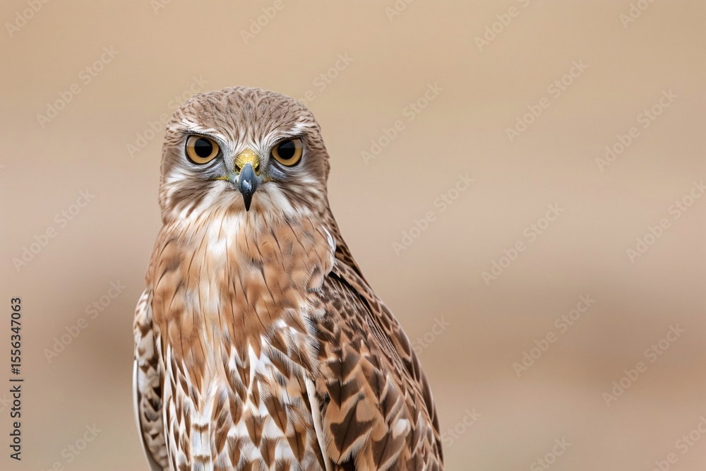 Obraz premium A close-up of a fierce-looking golden-brown hawk with striking eyes on a neutral background.
