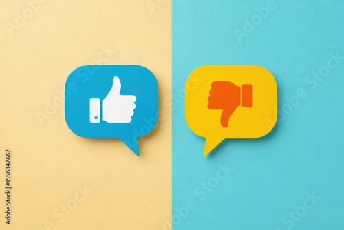 Thumbs up and thumbs down icons in speech bubbles, contrasting colors, feedback concept