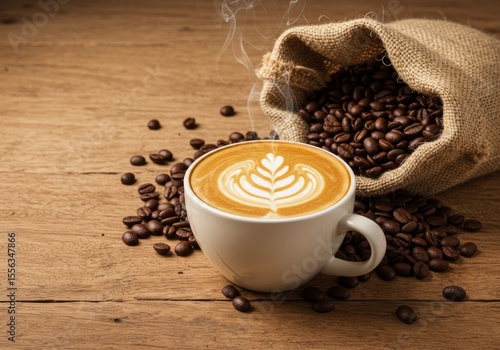Cup of coffee latte and coffee beans in burlap sack on old wooden background. Ai generate, Ai generative