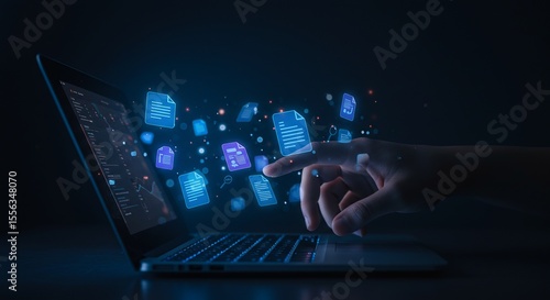 Hand Touching Digital Documents Floating From Dark Laptop Screen