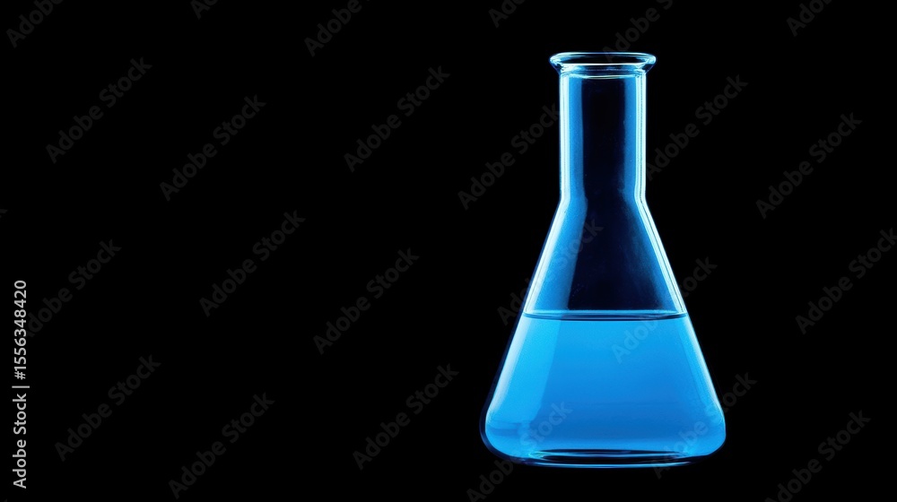 A clear glass laboratory flask filled with vibrant blue liquid, set against a dark background, This image is ideal for educational materials, scientific presentations A clear glass laboratory flask filled with vibrant blue liquid, set against a dark background, This image is ideal for educational materials, scientific presentations