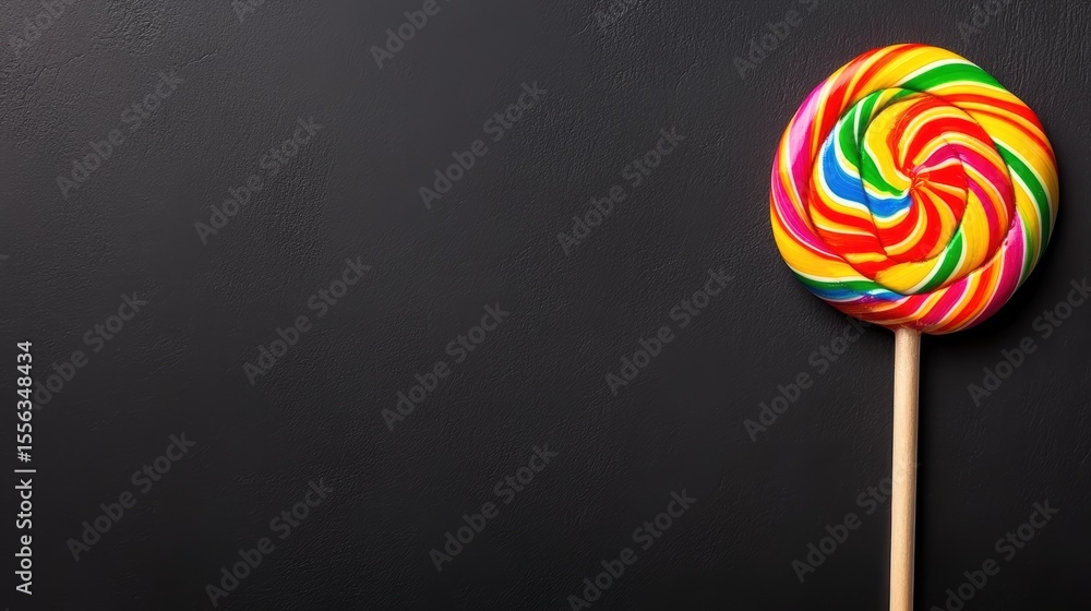 A vibrant, multicolored lollipop stands against a dark background, showcasing its playful swirl pattern, Ideal for candy-related projects, children's themes, or sweet treat promotions, A vibrant, multicolored lollipop stands against a dark background, showcasing its playful swirl pattern, Ideal for candy-related projects, children's themes, or sweet treat promotions,