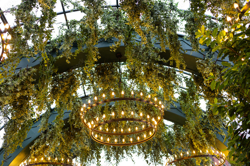 Fototapeta premium A decorative arch decorated with lush greenery and round illuminated chandeliers.