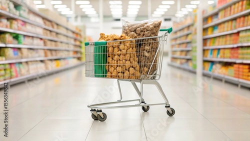 Wallpaper Mural A shopping cart positioned centrally in a bright supermarket aisle, filled primarily with large bags of dry goods or bulk items, such as pet food or cereals Torontodigital.ca