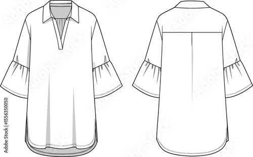 Bishop sleeve blouse front back, fashion cad drawing flat vector illustration, garment technical sketch, apparel design with seam, template view