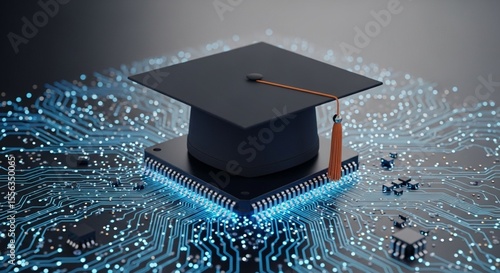 Digital Education and Technology Concept with Graduation Cap on Microchip and Circuit Board Design