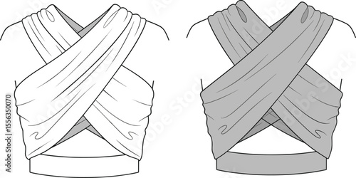 Cross wrap crop top fashion flat sketch, draped front view, stylish sleeveless blouse, CAD technical drawing, women’s design template, vector apparel illustration