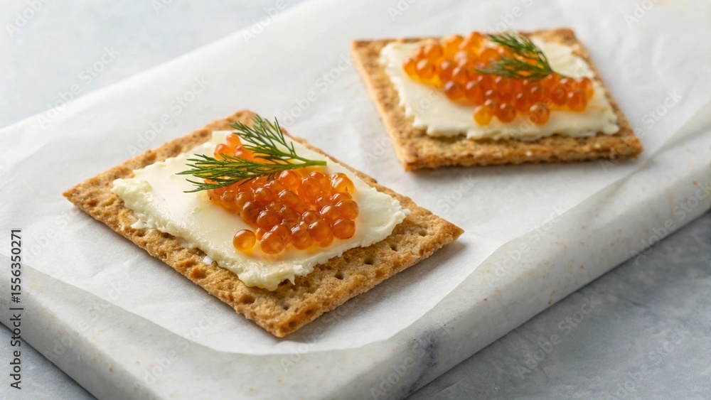 Close-up of three elegant canapés with bright orange salmon roe glistening atop a layer of soft cream cheese and dark bread, artfully arranged on a textured white napkin Close-up of three elegant canapés with bright orange salmon roe glistening atop a layer of soft cream cheese and dark bread, artfully arranged on a textured white napkin