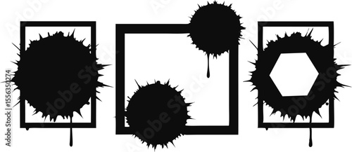 Three ink blots with spiky edges dripping effects inside square hexagonal frames on