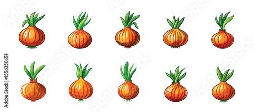 Onion vector illustration. onion vegetable isolated on a white background. Onion vector icon set. Yellow Onion with Green Sprouts on White Background