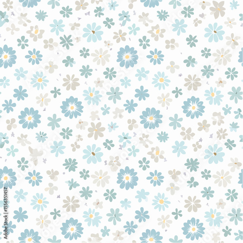 Pastel Blue and Grey Small Floral Pattern on White Background