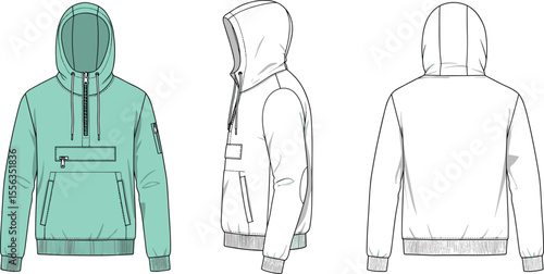 Half-zip hooded sweatshirt front side back, cad drawing flat vector illustration, chest zip pocket, ribbed cuffs, kangaroo pouch sketch