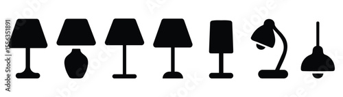 Silhouette collection of various table and ceiling lamp vector icons including modern, vintage, and minimalist lighting designs
