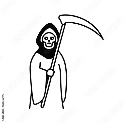 Mysterious grim reaper figure with a large curved scythe depicted in a classic dark and iconic halloween or death themed illustration style