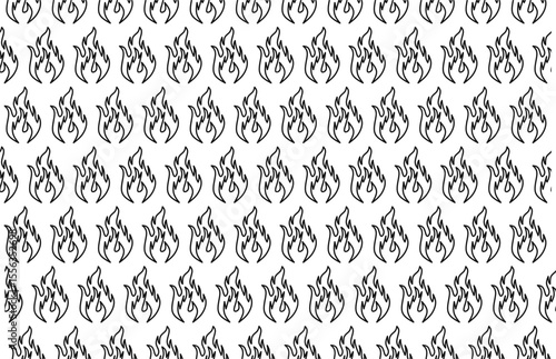 Seamless pattern of flame icons in black outline. Repeating fire symbol vector, hand drawn doodle style. Ideal for backgrounds,decor, wallpaper,cover,warning signs, heat or danger themes.