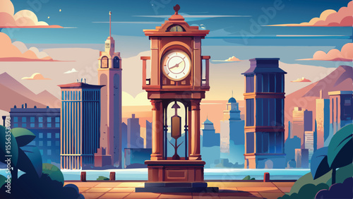 An old clock tower, a timeless landmark, stands tall against the city sky, its architecture defining the urban street