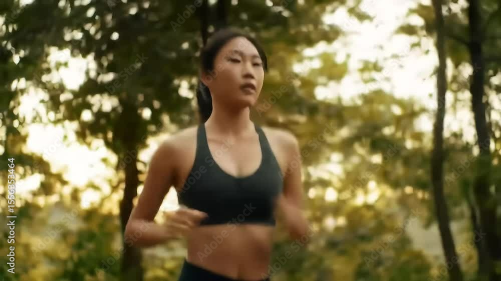 Woman jogging forest trail sunset wellness Woman jogging forest trail sunset wellness