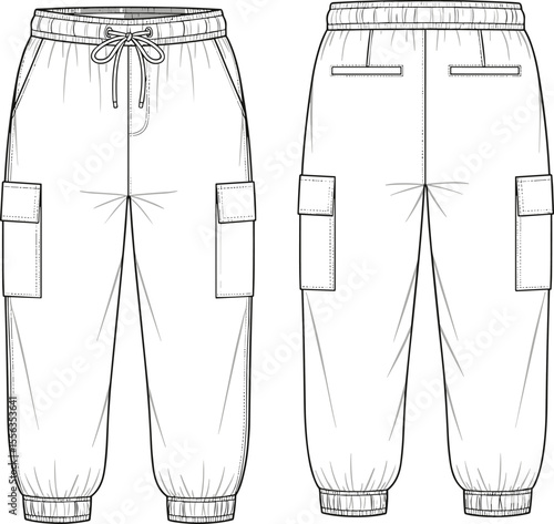 Cargo jogger pants technical drawing, elastic waistband, cuffed hem design, multiple pockets, fashion flat sketch, casual streetwear style, cad vector illustration