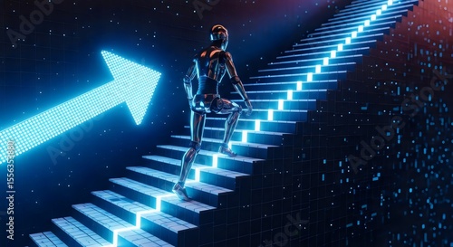 Robot ascends stairs toward neon arrow