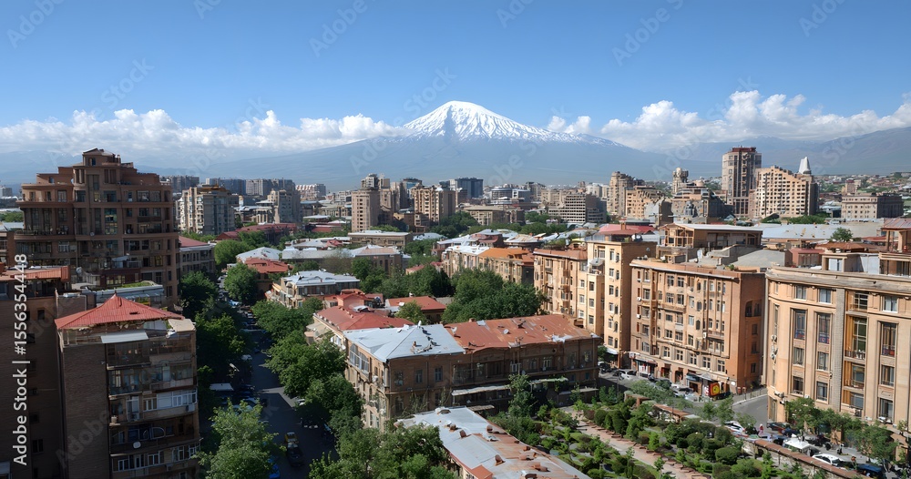 Obraz premium The city in the background, which has snow on its peak. The buildings and streets have red roofs. In some places,