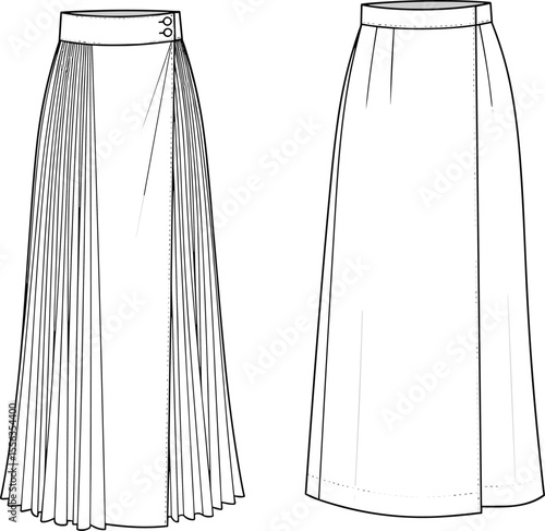Long pleated maxi skirt fashion flat sketch, side button waistband design, front and back technical illustration, vector outline, CAD drawing for apparel design