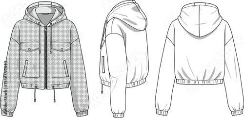 Houndstooth hooded jacket front side back view, cad drawing flat vector illustration, flap pockets, drawcord hem, fashion technical sketch