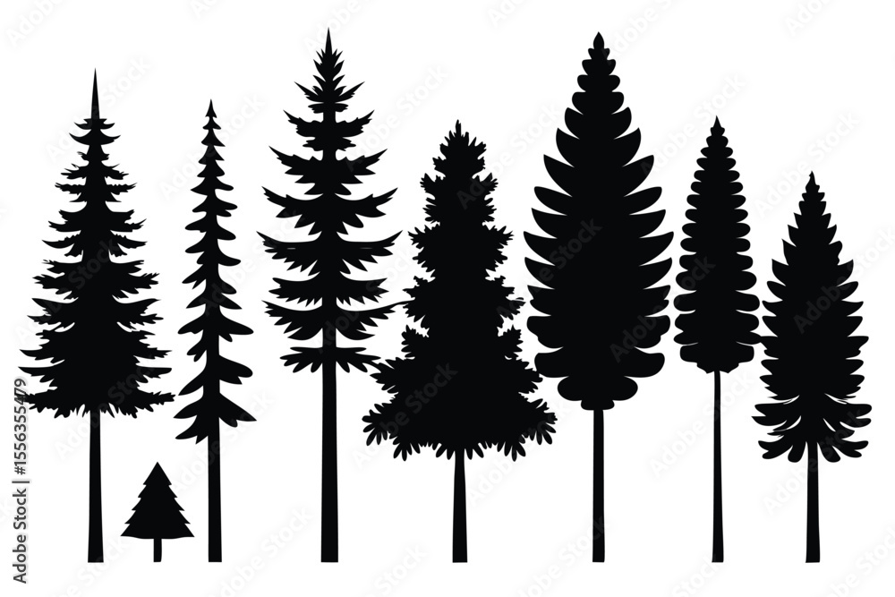 Obraz premium Silhouettes of seven evergreen trees in a row