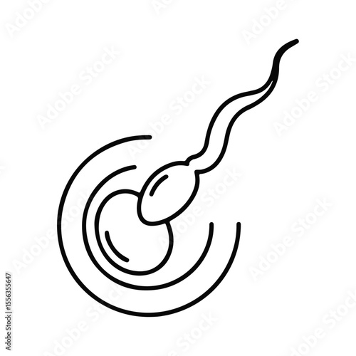 Stylized line art illustration of sperm cell approaching egg isolated on transparent background